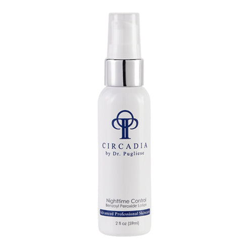Circadia Night Time Control 2 oz face serum with benzoyl peroxide for acne treatment, available at eSkincareStore. White bottle with pump dispenser.