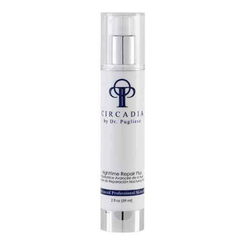 Luxury Circadia Night time Repair PLUS face serum in a sleek white 2 oz pump bottle, ideal for mature skin rejuvenation overnight.