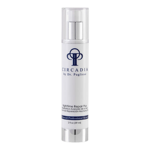Luxury Circadia Night time Repair PLUS face serum in a sleek white 2 oz pump bottle, ideal for mature skin rejuvenation overnight.