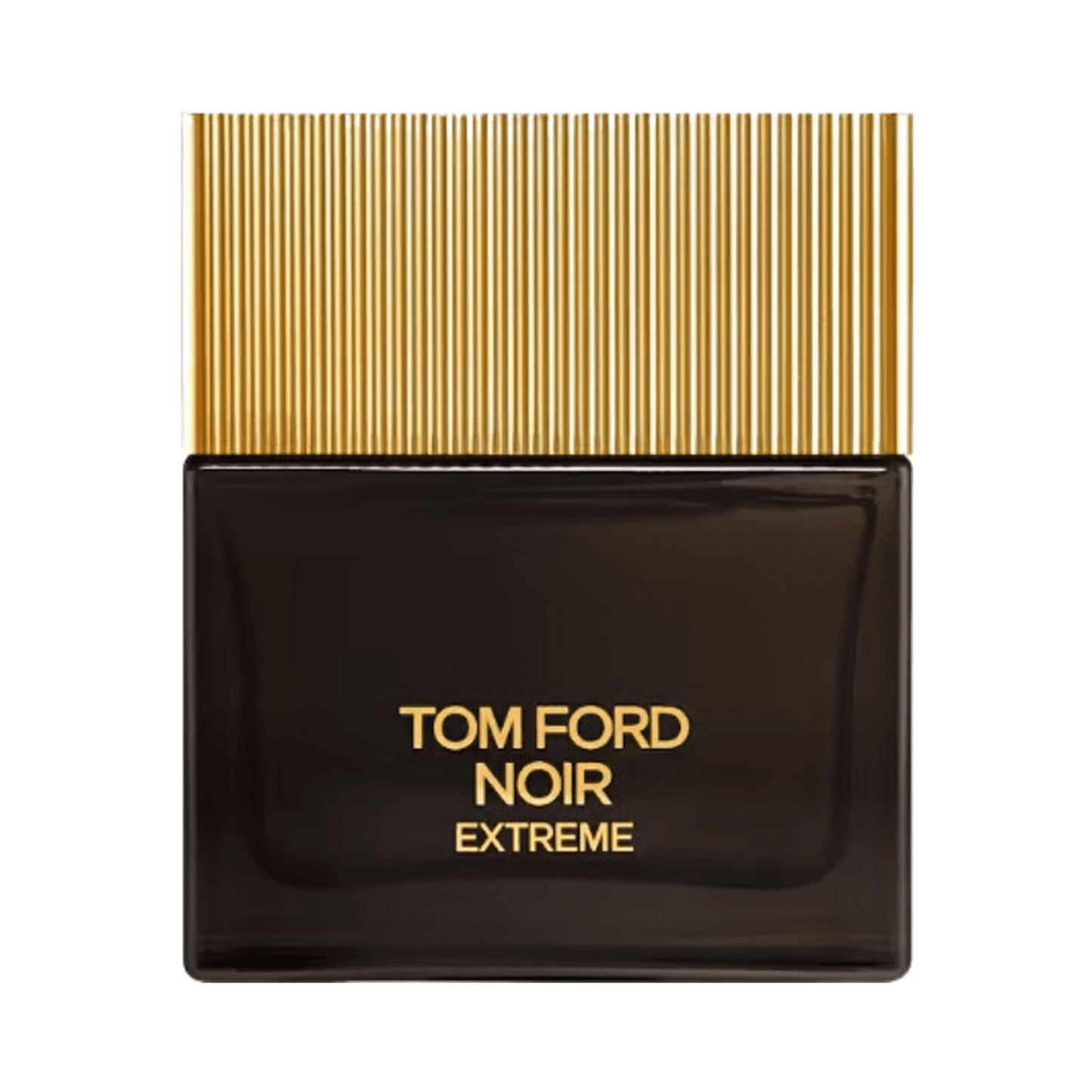 Tom Ford Noir Extreme Eau De Parfum for men in a sleek black bottle with a gold ribbed cap, featuring a bold amber woody scent.