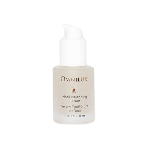 Omnilux Noni Serum in 30ml pump bottle for oily skin. Balancing face serum hydrates and controls oil, ideal for LED light therapy routines.