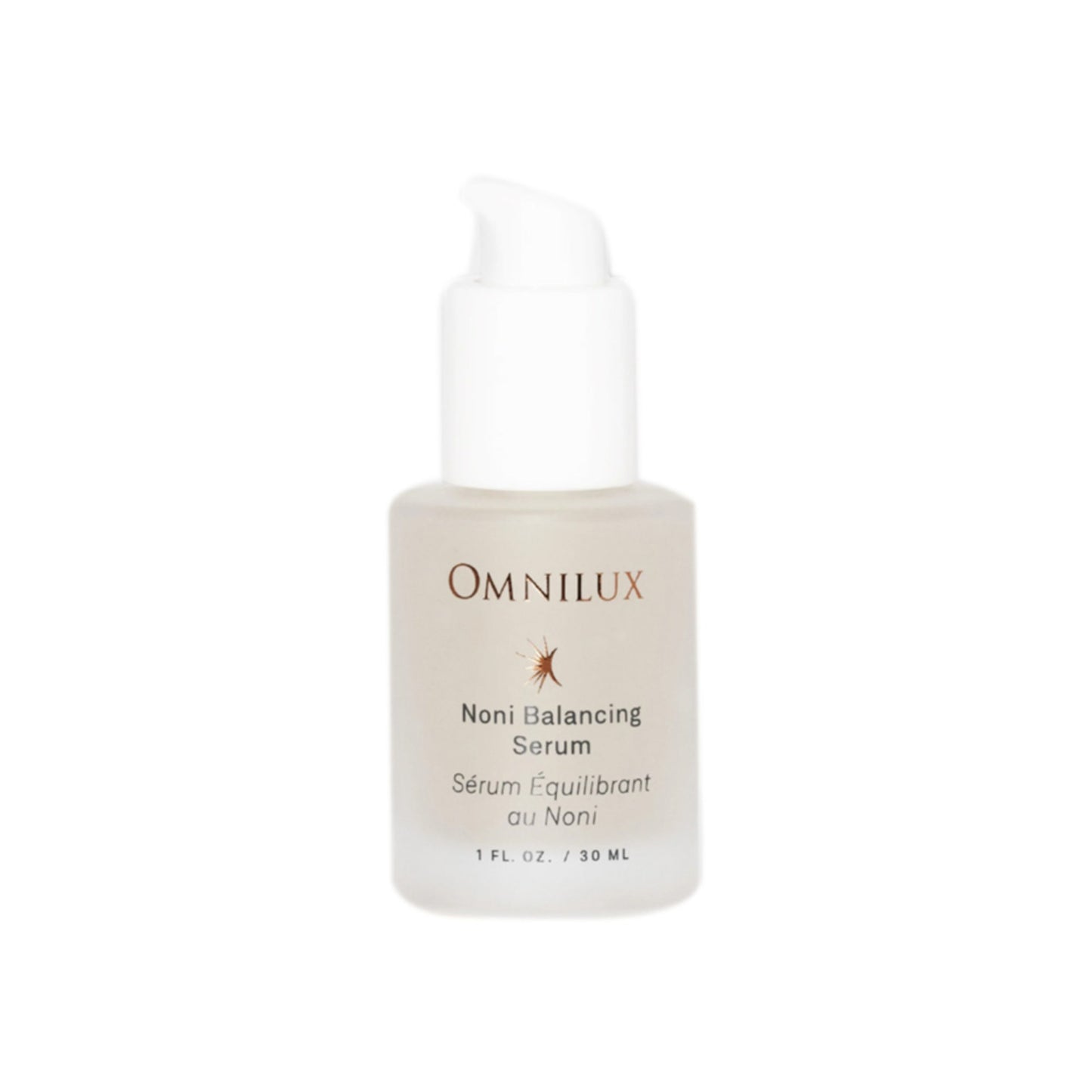 Omnilux Noni Balancing Serum for oily skin in sleek frosted bottle. Face treatment serum supports hydration and oil control for clear, matte skin.