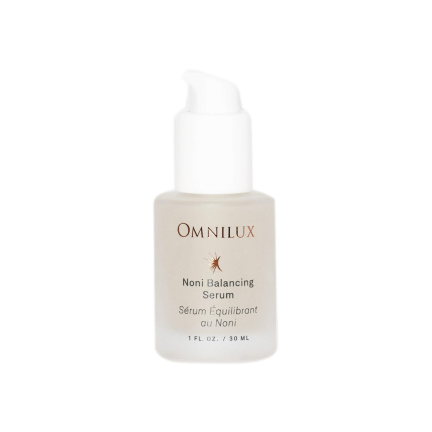 Omnilux Noni Balancing Serum for oily skin in sleek frosted bottle. Face treatment serum supports hydration and oil control for clear, matte skin.