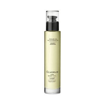 Olverum Nourishing Body Oil in sleek pump bottle for deep hydration. Infused with botanicals like Raspberry Seed and Lavender for dry skin care.