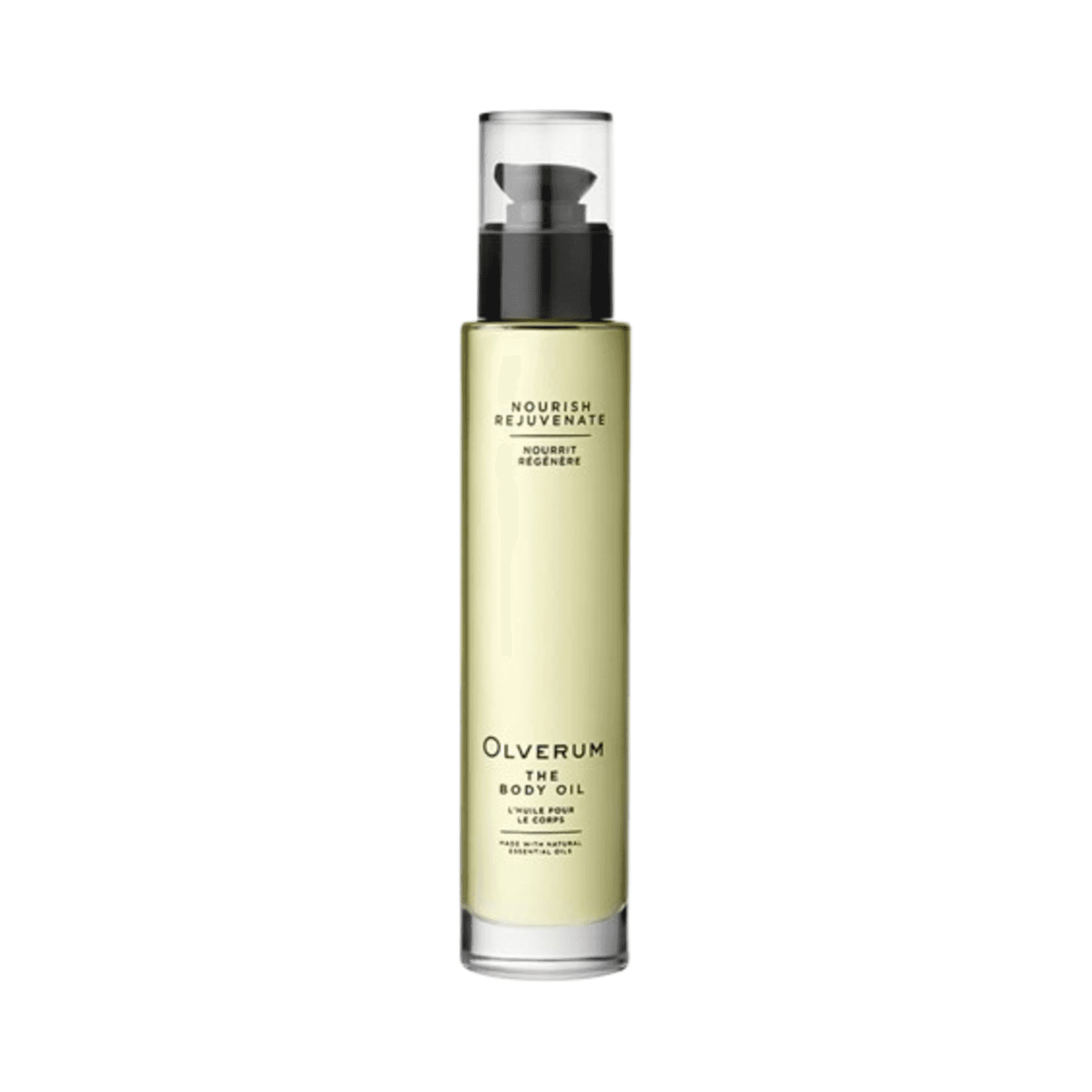 Olverum Nourishing Body Oil in elegant glass bottle with black pump. Hydrating formula with 30 botanicals for smooth, rejuvenated skin.