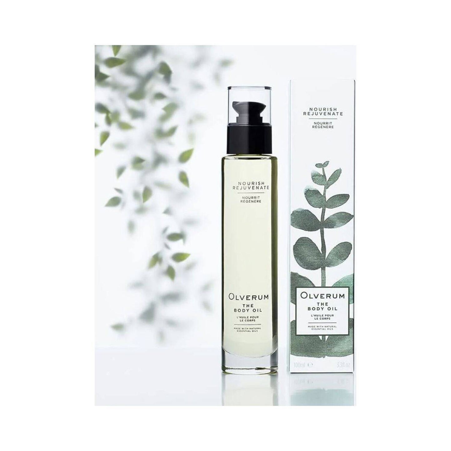 Olverum Nourishing Body Oil with box packaging featuring botanical design. Ideal for dry skin with Omega 3 and Shea Butter in Bath & Body category.
