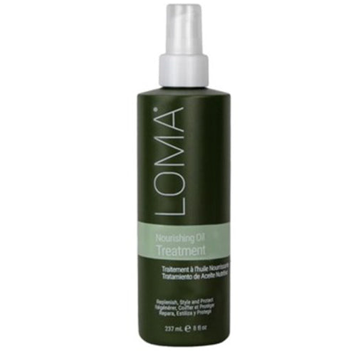 Loma Organics Oil Treatment in a green 237ml spray bottle for nourishing hair care. Provides moisture, heat protection, and faster drying.