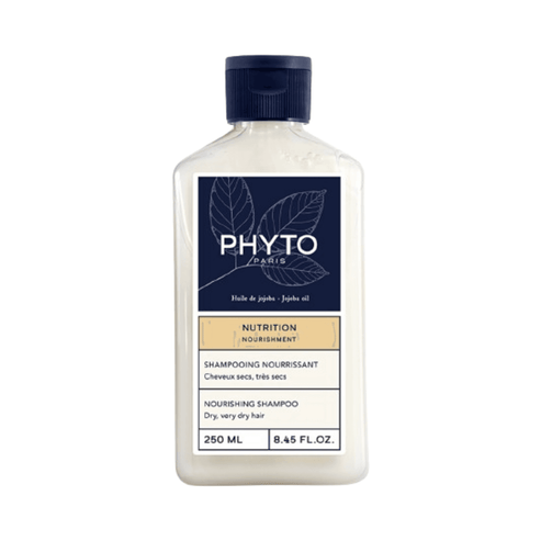 Phyto Nourishment Shampoo in 250ml bottle for dry hair. This nourishing shampoo with jojoba oil gently cleanses and softens without weighing hair down.