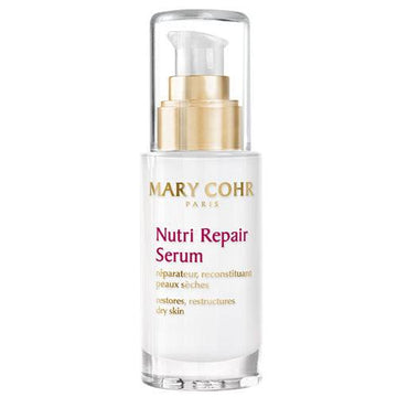 Best Mary Cohr Nutri Repair Serum in a clear pump bottle with gold dispenser, ideal for treating dry skin with ceramides, jojoba, and rose extracts.