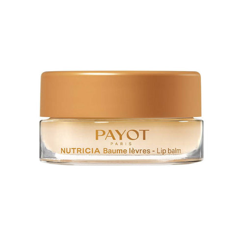 Nutricia Lip Balm by Payot for dry skin, featuring a rich formula with beeswax and jojoba oil in a sleek cosmetic container.