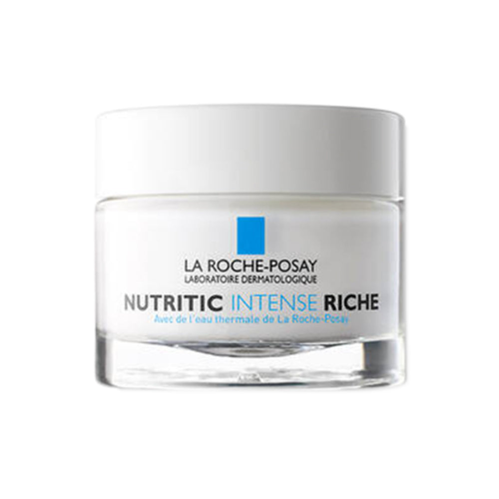 Front view of La Roche Posay Nutritic Creme - Intense Hydration Moisturizer, ideal for very dry skin, in a sleek white and clear jar.