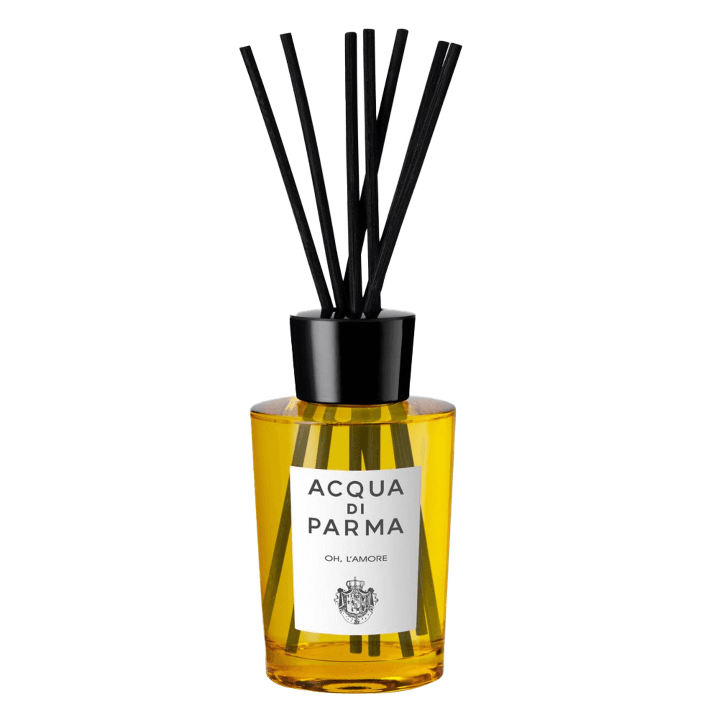 Acqua Di Parma Oh L'Amore Room Diffuser with black reeds in amber glass bottle. Romantic fragrance for home ambiance and decor enhancement.