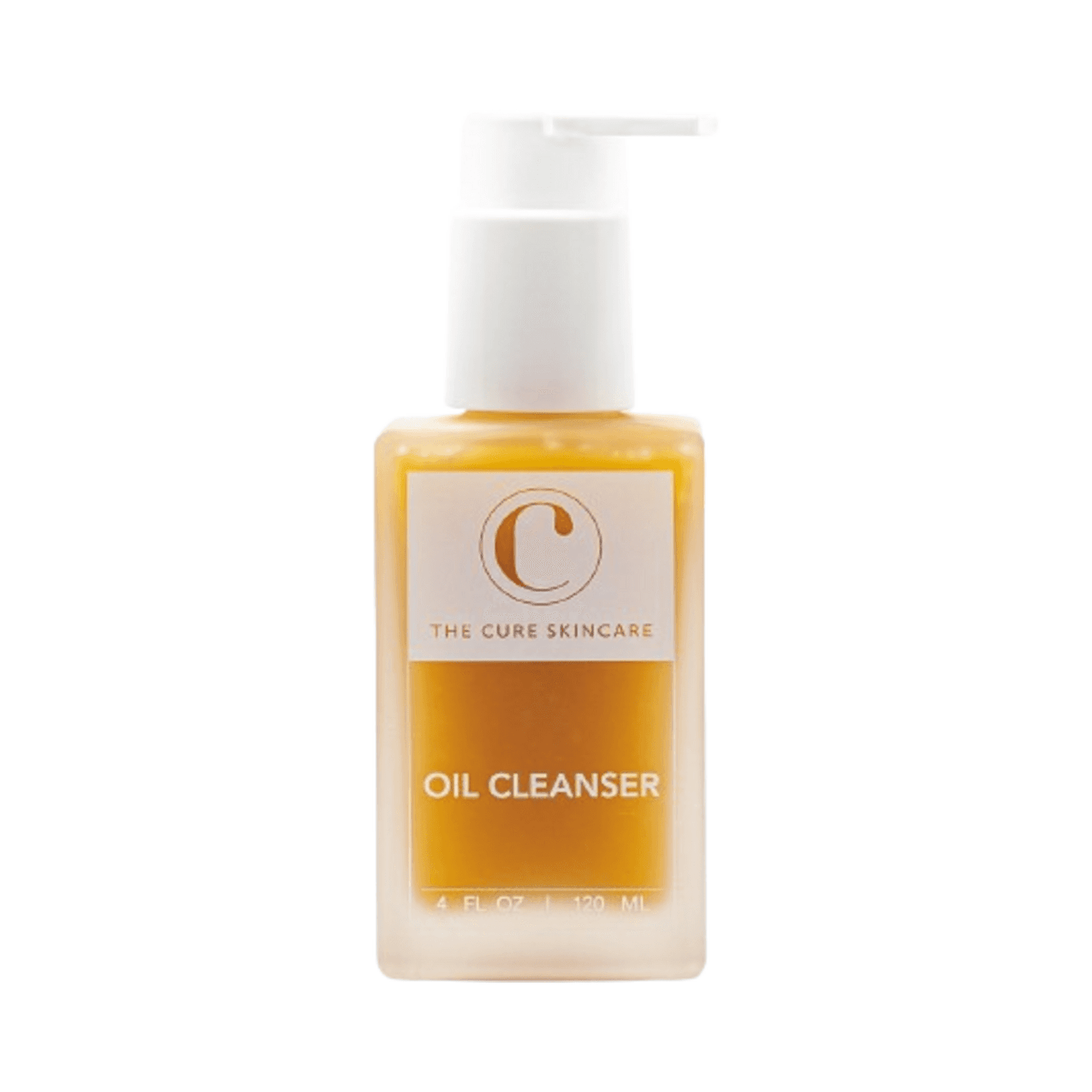 The Cure Skincare Oil Cleanser in a clear pump bottle, formulated to cleanse and hydrate skin while removing makeup and impurities.