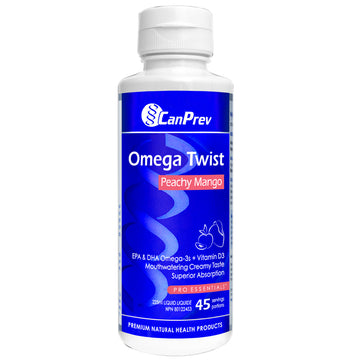 CanPrev Omega Twist - Peachy Mango supplement bottle with 225ml liquid dosage, featuring EPA, DHA, and Vitamin D3 for superior absorption.