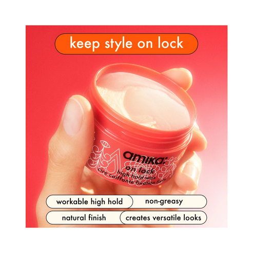 Before and after comparison of Amika On Lock Wax showing improved hair definition and hold on a model's hairstyle.