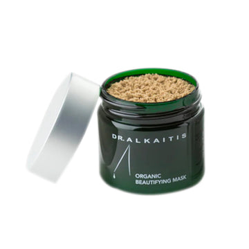 Dr Alkaitis Organic Beautifying Mask in green jar with open lid, showcasing Gentle Rose Exfoliant for sensitive and dry skin care.