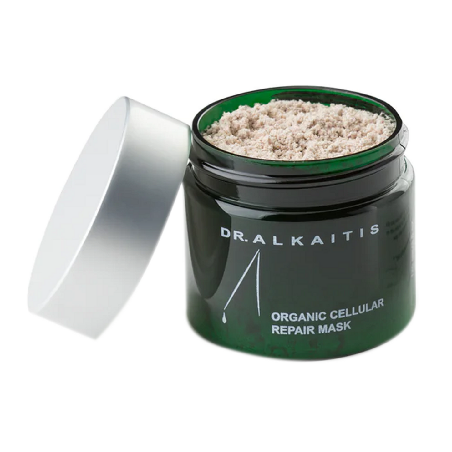 Dr Alkaitis Organic Cellular Repair Mask in open green jar with silver lid, ideal for sensitive skin and redness relief at eSkinStore.