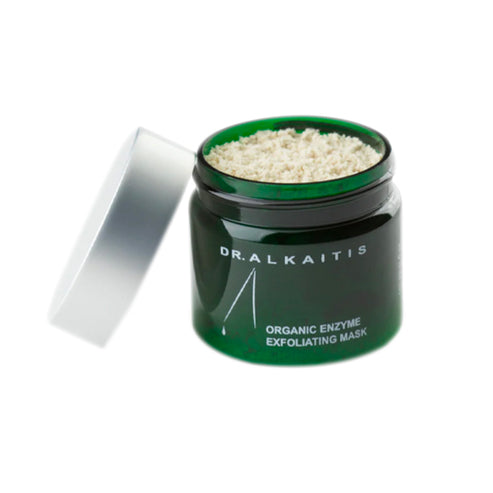 Dr Alkaitis Organic Enzyme Exfoliating Mask in a green jar with silver lid, ideal for anti-aging and renewing all skin types.