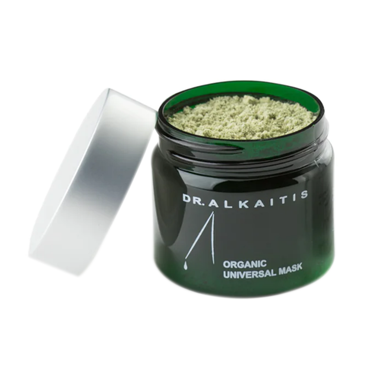 Dr Alkaitis Organic Universal Mask in a green jar with silver lid, a calming face mask for sensitive and post-procedure skin at eSkinStore.