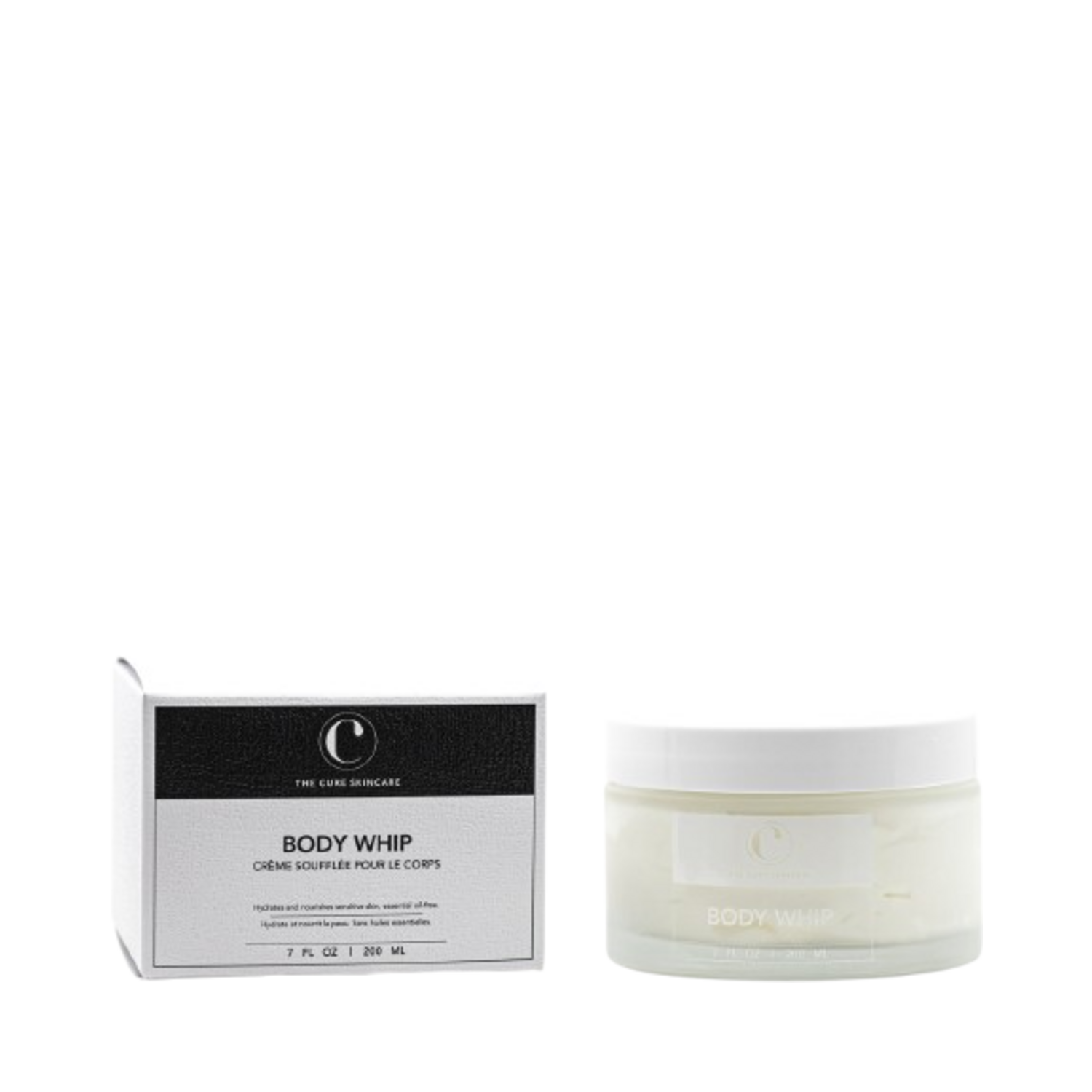 The Cure Skincare Original Body Whip with packaging box and jar. Rich body moisturizer ideal for soothing irritation and hydrating skin.