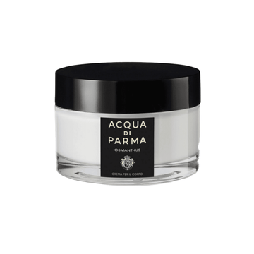 Acqua Di Parma Osmanthus Cream in a clear glass jar with black lid, a hydrating body moisturiser for soft, luminous skin care routine.