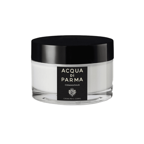 Acqua Di Parma Osmanthus Cream in a clear glass jar with black lid, a hydrating body moisturiser for soft, luminous skin care routine.