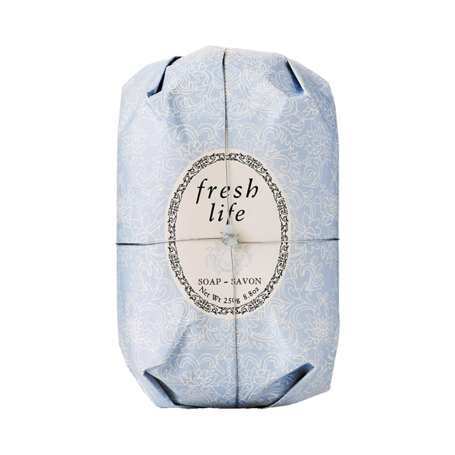 Fresh Life Oval Soap in decorative blue packaging, ideal for all skin types with a shea butter infusion for a refreshing body wash experience.