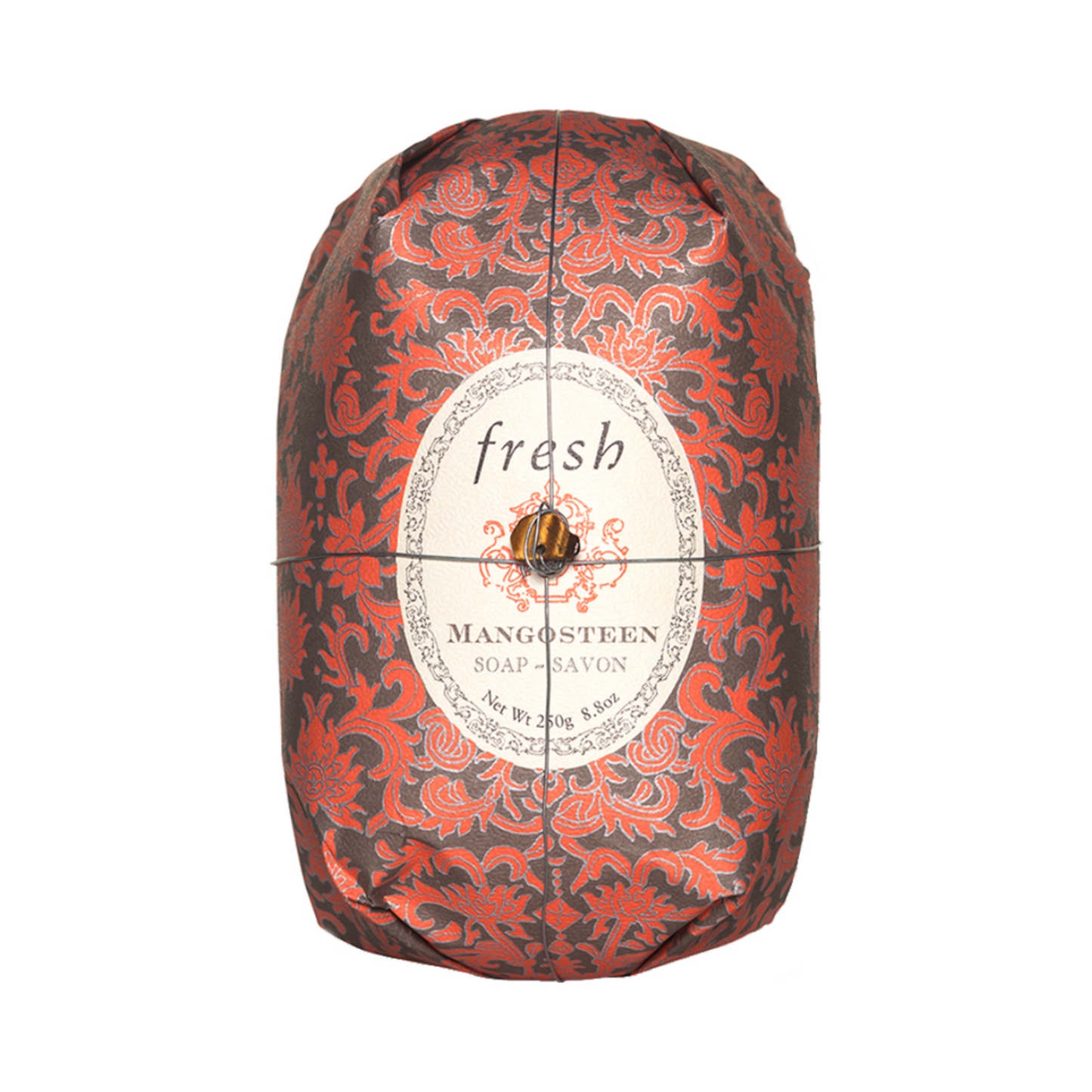 Fresh Oval Soap - Mangosteen Soap Oval wrapped in elegant red floral paper with moisturizing shea butter for a luxurious body wash experience.