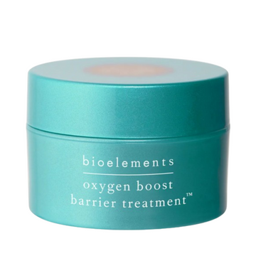 Bioelements Boost Barrier Treatment face cream in teal jar, designed to hydrate dry and mature skin with 2.5% oxygen complex and niacinamide.