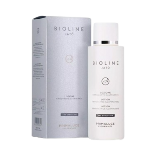 Bioline PRIMALUCE Lotion Rénovatrice Illuminante, tonique de 6,8 fl oz dans un flacon blanc élégant et une boîte argentée, idéal pour le renouvellement de la peau et le soin de la pigmentation.