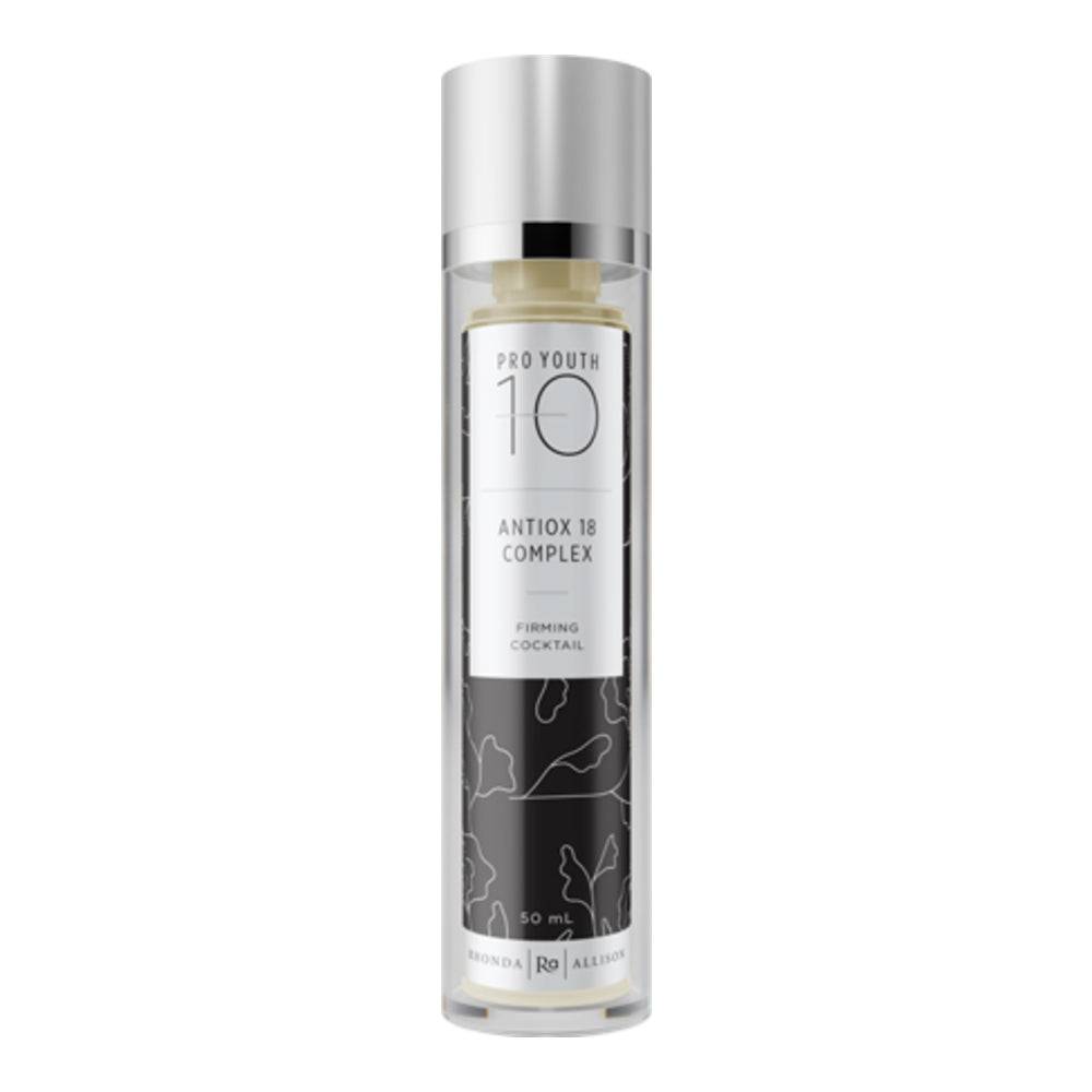 Rhonda Allison Pro Youth Antiox 18 Complex face serum with 18 antioxidants like L-glutathione and resveratrol in a 50ml sleek silver pump bottle.