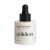 Golden Peptide Power Serum in sleek white bottle with black dropper, promotes radiant skin by boosting elasticity and improving texture.
