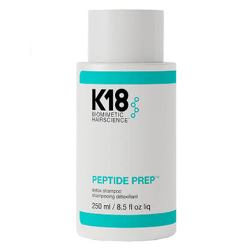K18 Peptide Detox Shampoo 250ml bottle with teal accents, designed for deep cleansing and removing build-up in hair care routines.