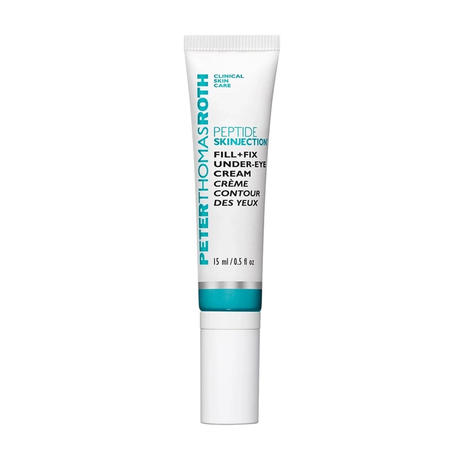 Peter Thomas Roth Peptide Skinjection Fill + Fix Under-Eye Cream in sleek white and teal packaging. Anti-aging eye cream for smoother under-eye area.