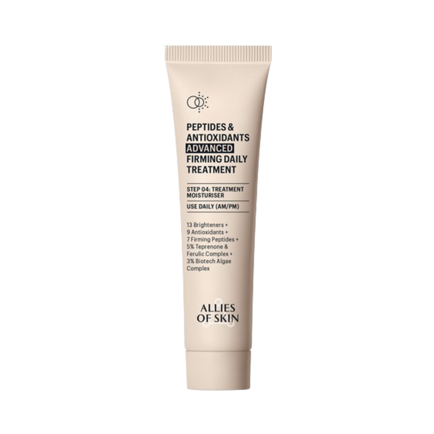 Allies of Skin Firming Daily Moisturizer in beige tube, formulated with 13 brighteners and 7 peptides for advanced skin firming and hydration.