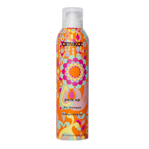 Amika Perk Up Dry Shampoo 5.3 oz in bold floral design, talc-free hair care product that refreshes and deodorizes without buildup.