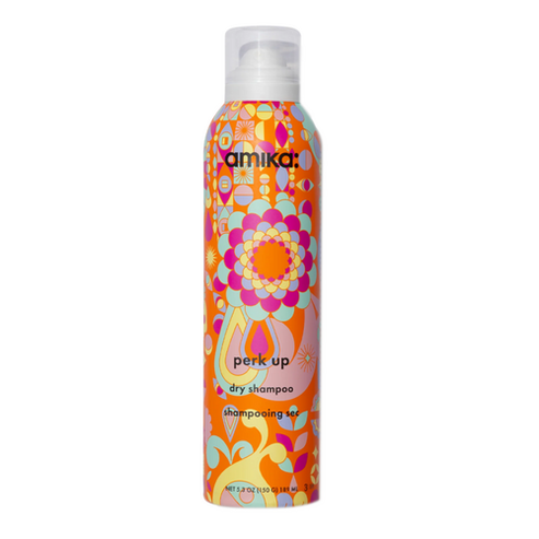 Amika Perk Up Dry Shampoo 5.3 oz in bold floral design, talc-free hair care product that refreshes and deodorizes without buildup.