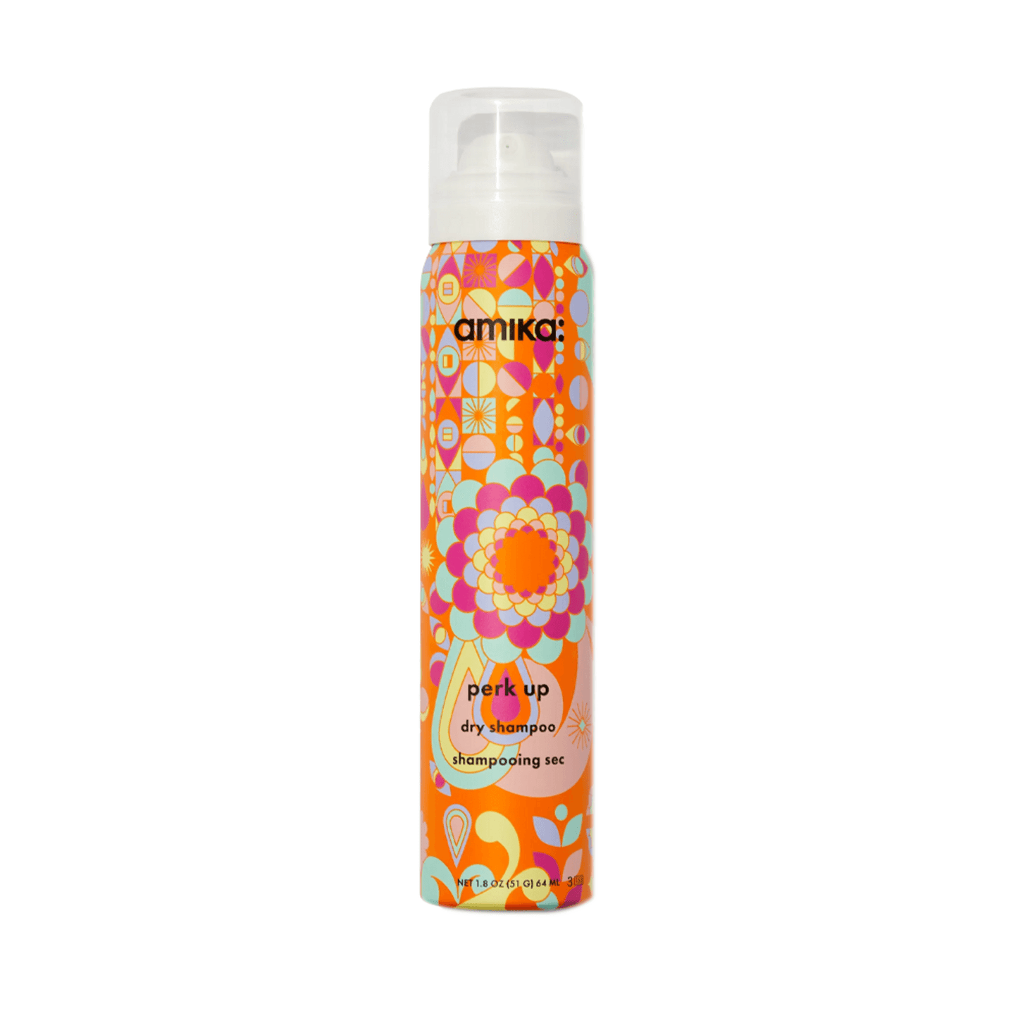 Amika Perk Up Dry Shampoo 189 ml in vibrant orange floral can, talc-free formula absorbs oil with no residue for refreshed hair.