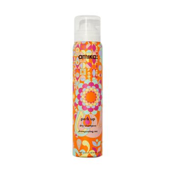 Amika Perk Up Dry Shampoo 189 ml in vibrant orange floral can, talc-free formula absorbs oil with no residue for refreshed hair.