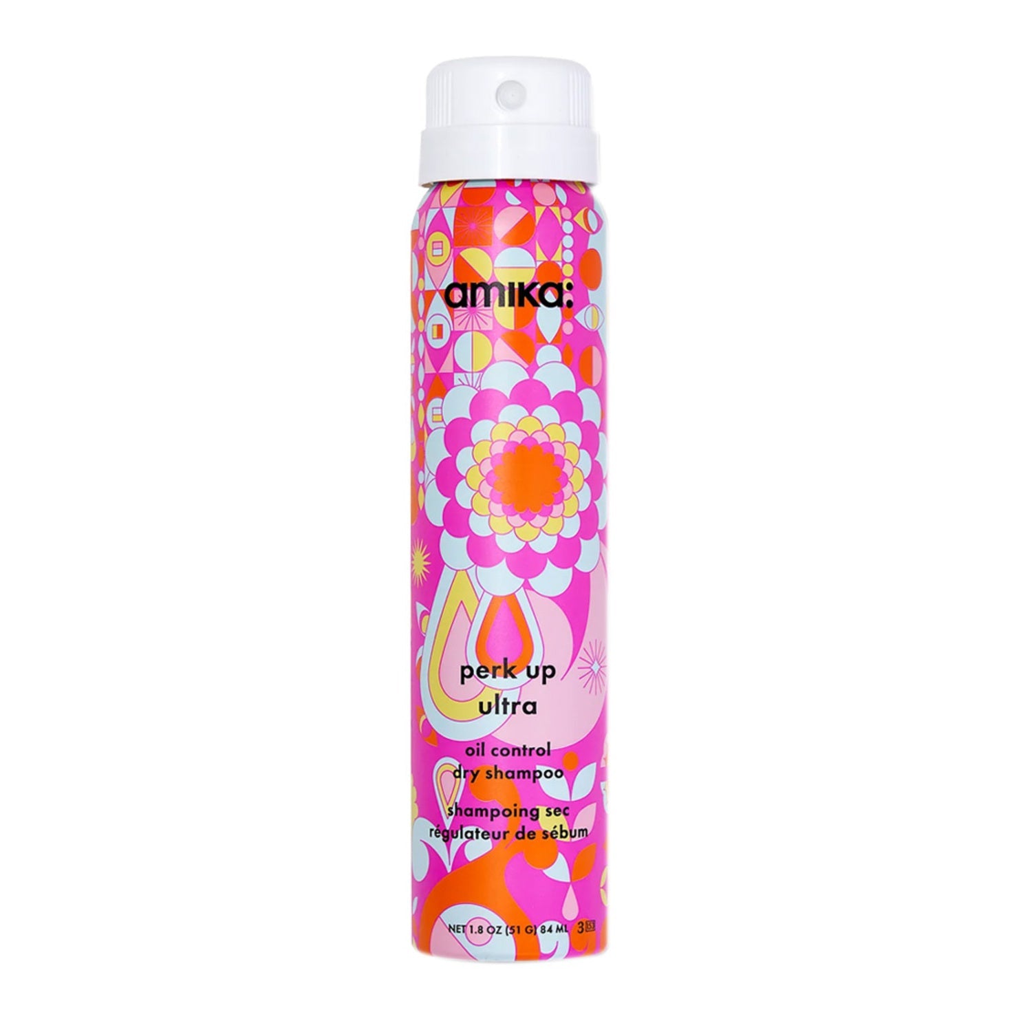 Amika Perk Up Ultra Dry Hair Shampoo 84 ml with oil control formula in vibrant pink floral packaging. Ideal for refreshing oily scalps between washes.