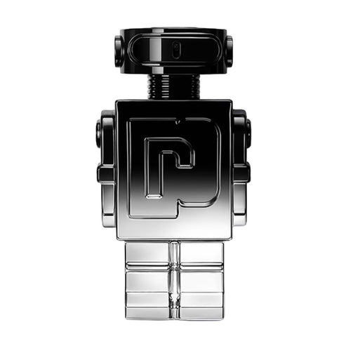 Men's fragrance Paco Rabanne Phantom Elixir in a futuristic chrome and black robot design, perfect for night-time allure and bold style.