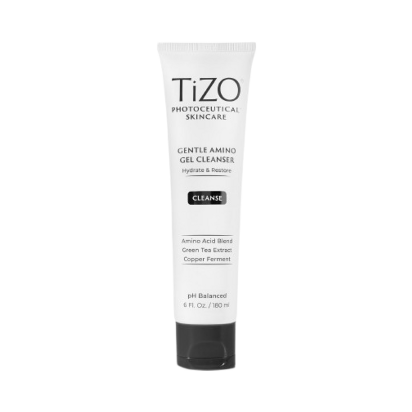 Front view of TiZO Gentle Amino Cleanser tube with key ingredients listed. A clean skincare solution for face and neck cleansing routines.