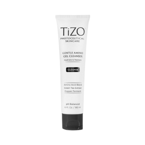 Front view of TiZO Gentle Amino Cleanser tube with key ingredients listed. A clean skincare solution for face and neck cleansing routines.