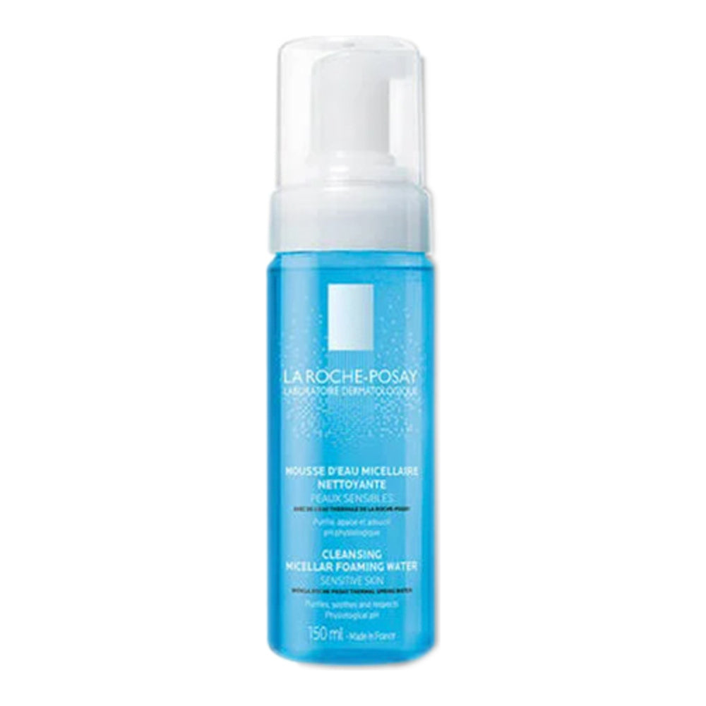 La Roche Posay Physiological Foaming Water face wash cleanser designed for sensitive skin. Lightweight foam in a sleek blue packaging.