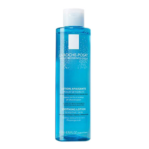 La Roche Posay Physiological Soothing Toner for sensitive skin, featuring a clear blue liquid formula in a sleek cylindrical bottle.