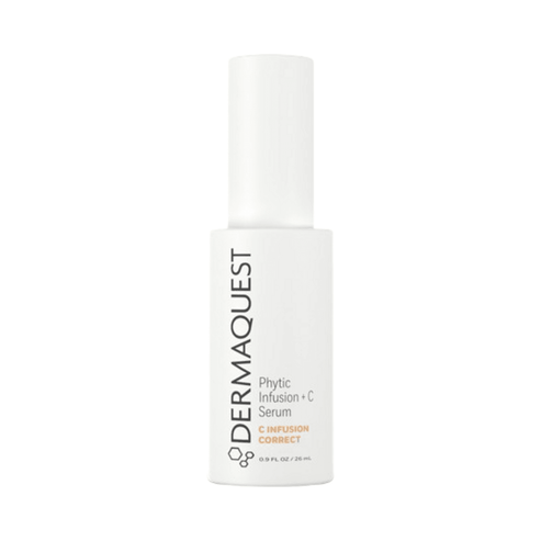 Dermaquest Phytic Infusion + C Serum in sleek white bottle, ideal for cleansing and correcting dull, uneven skin texture on face and neck.