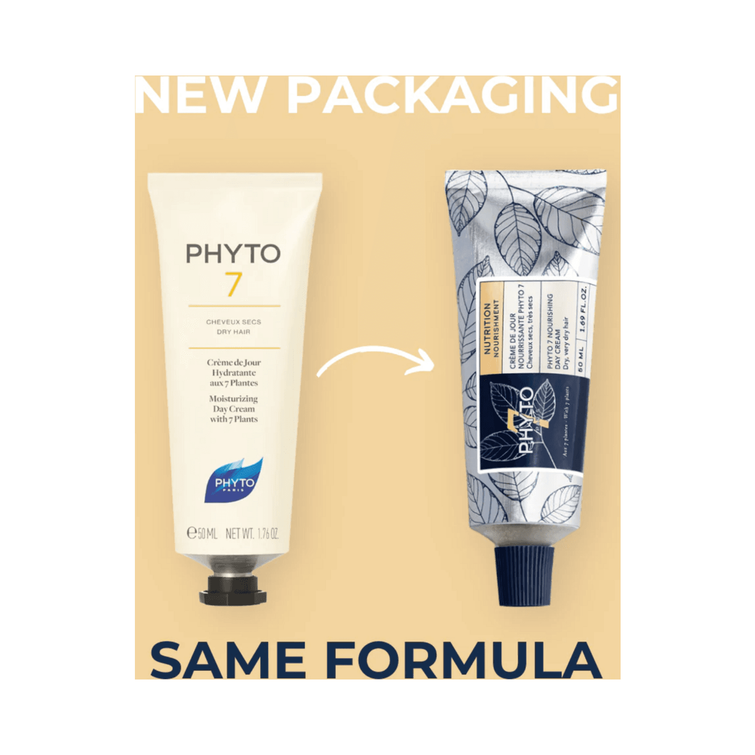 Phyto 7 Nourishing Day Cream new packaging comparison with old tube. Same formula for soft, manageable hair with 7 plant extracts.