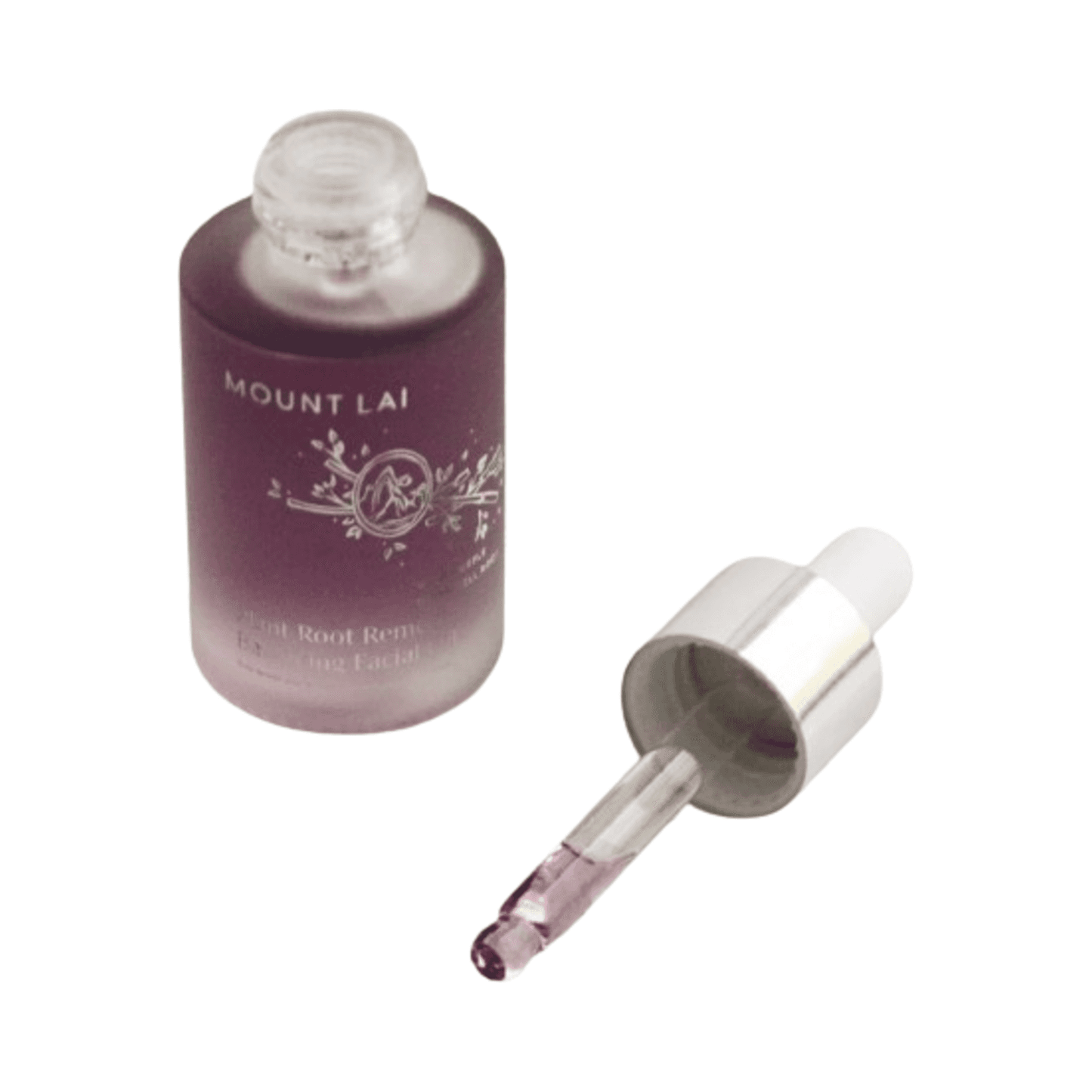 Open Mount Lai Balancing Facial Oil bottle with dropper showing purple serum. Infused with ginseng, bamboo, and green tea for skin nourishment.