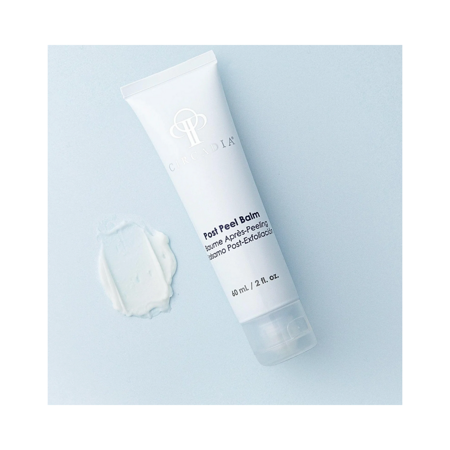 Circadia Post Peel Balm tube with cream swatch on light blue background, highlighting texture and soothing skincare benefits.