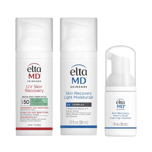 EltaMD Post-Procedure Skincare Kit includes UV Skin Recovery SPF 50, Light Moisturizer, and Amino Acid Foaming Cleanser for sensitive skin care.